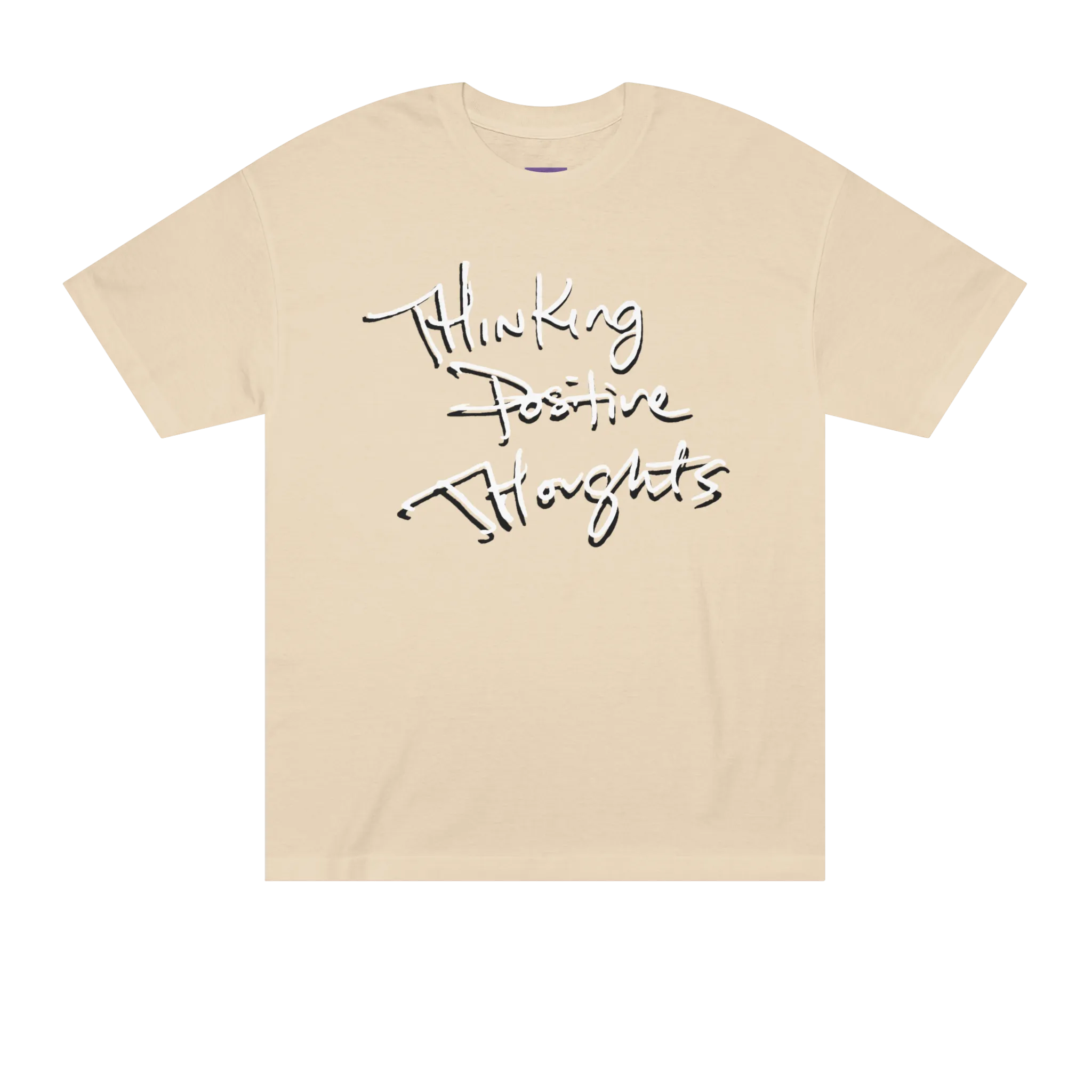 Classic fit crew neck tee, sand, front view, handwritten script graphic reading Thinking Positive Thoughts in black with white outline.