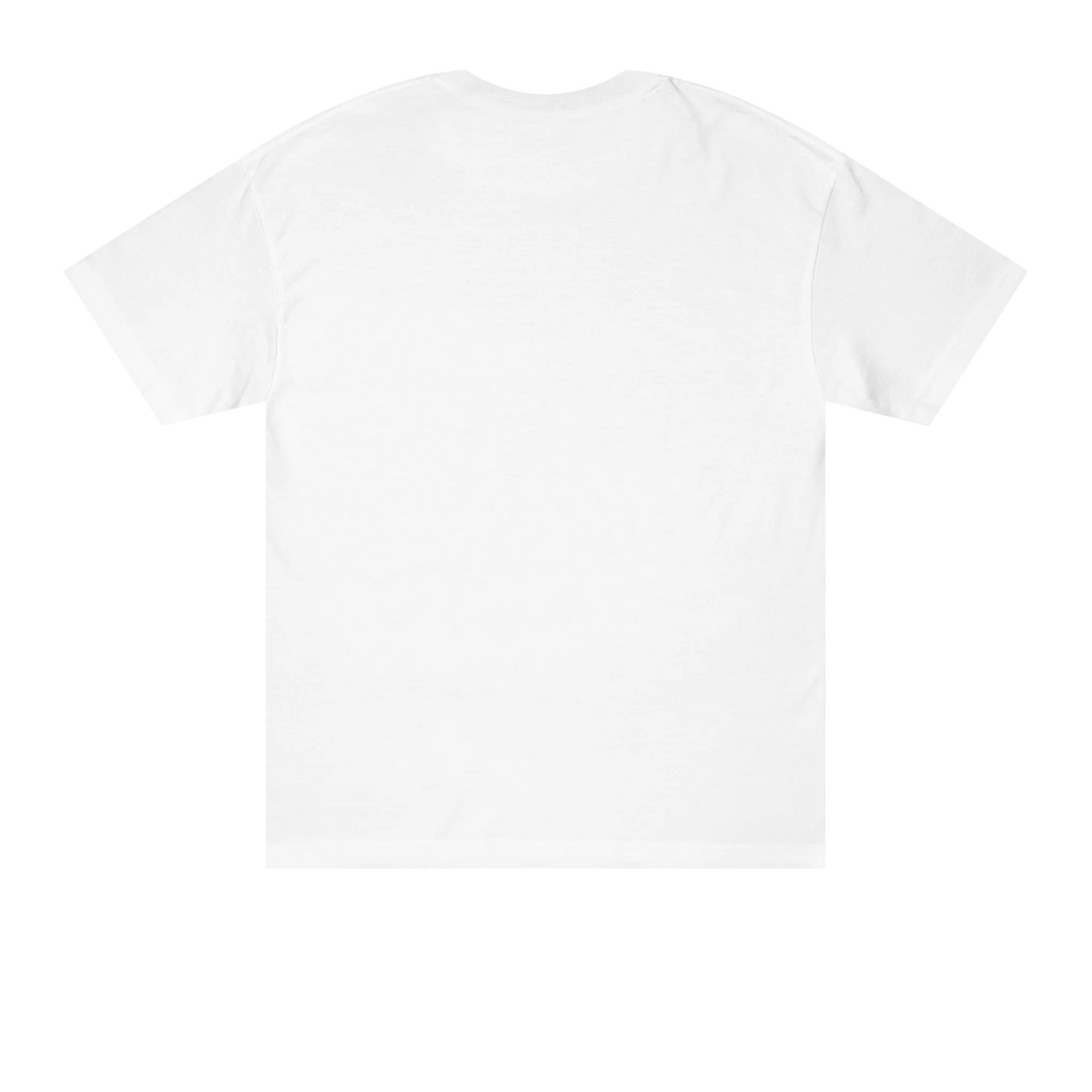 Classic fit crew neck tee, white, back view, no graphic.
