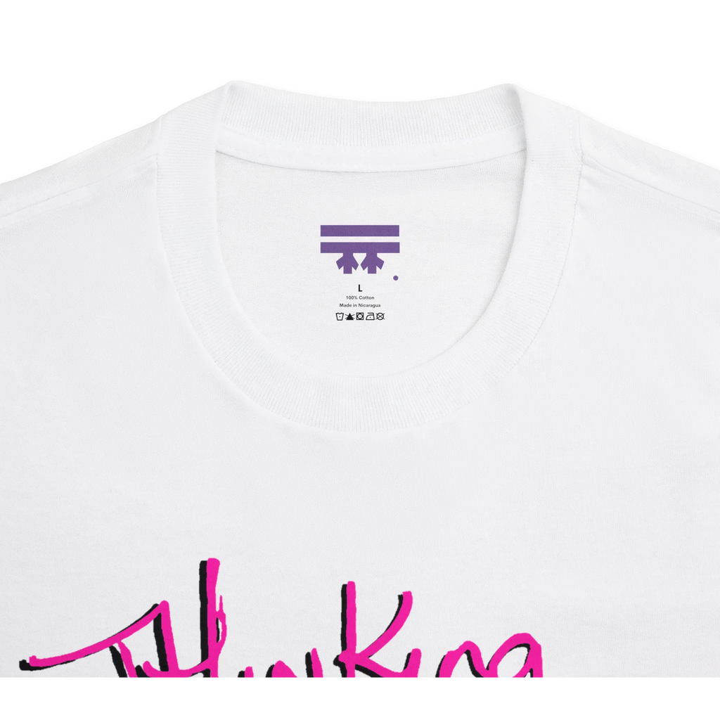 Classic fit crew neck tee, white, collar close-up showing brand label, 100% cotton.