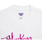 Classic fit crew neck tee, white, collar close-up showing brand label, 100% cotton.