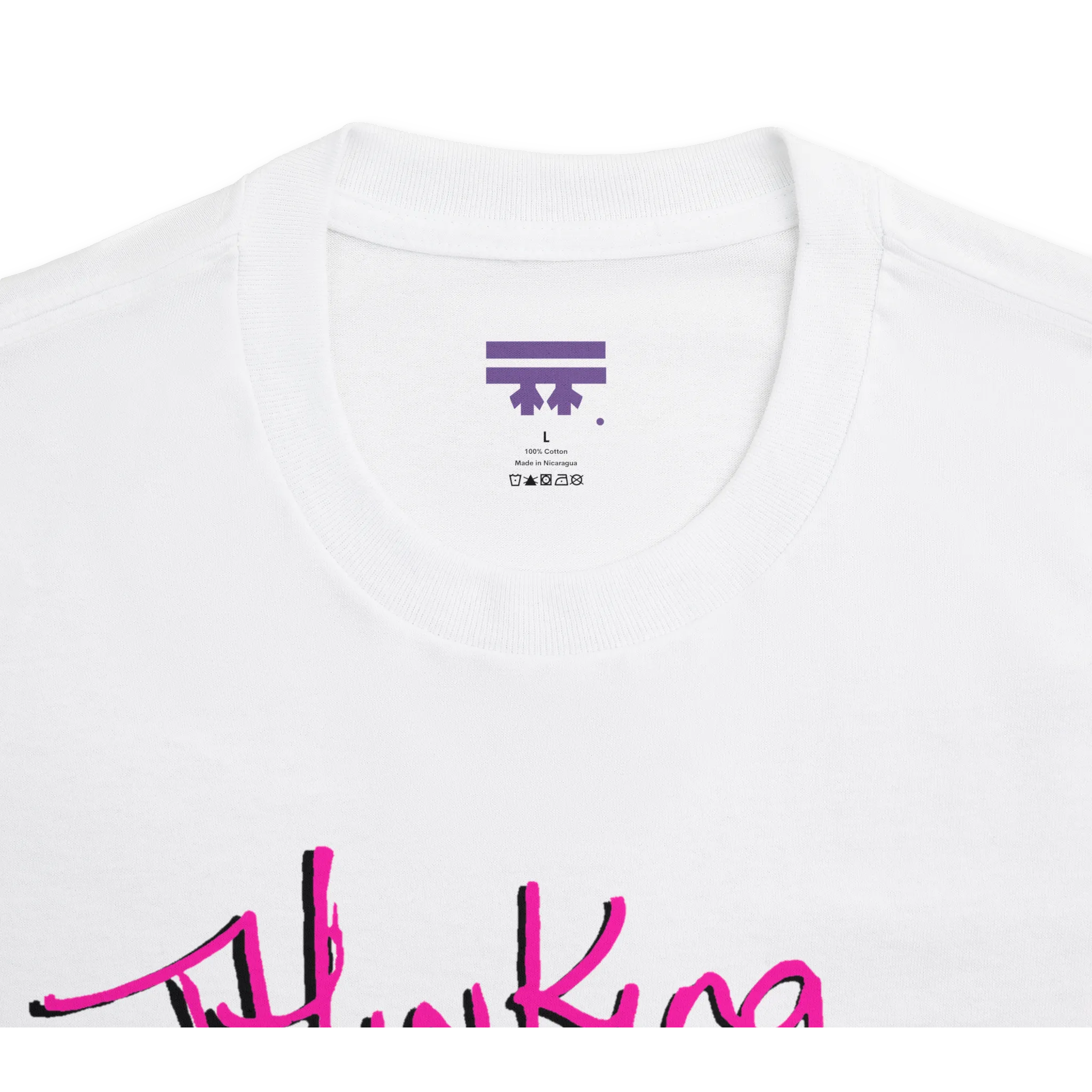 Classic fit crew neck tee, white, collar close-up showing brand label, 100% cotton.
