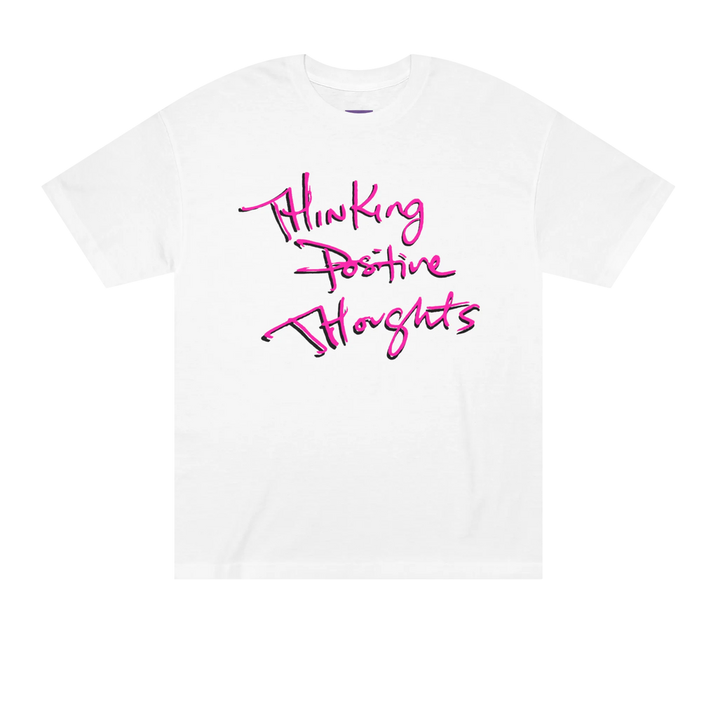Classic fit crew neck tee, white, front view, handwritten script graphic reading Thinking Positive Thoughts in hot pink with black outline.