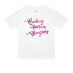 Classic fit crew neck tee, white, front view, handwritten script graphic reading Thinking Positive Thoughts in hot pink with black outline.