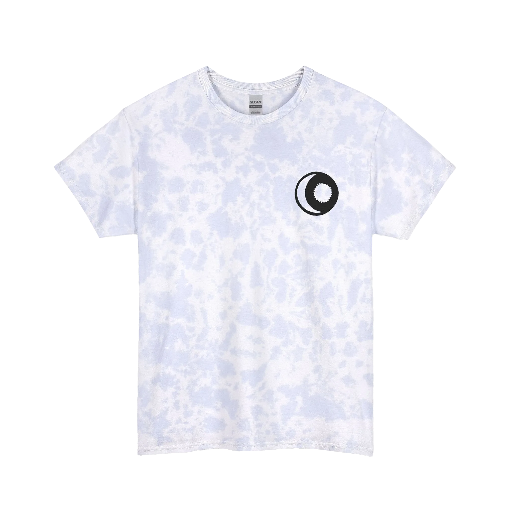 A powder cloud spiral tie-dye t-shirt with a faint purple and blue speckle pattern with white dye veins, featuring a sun and moon graphic on the front.
