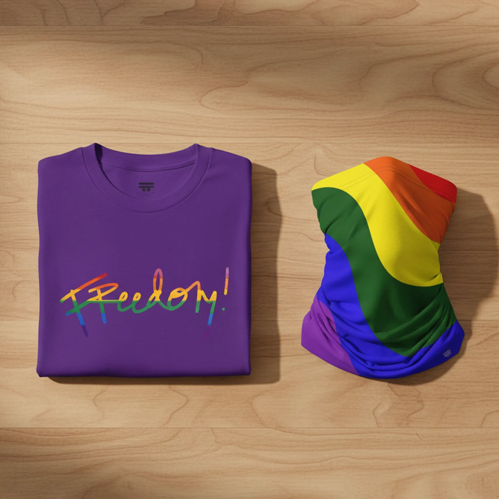 Purple t-shirt bundle with 'Freedom!' in rainbow colors and a rainbow flag on a wooden surface.