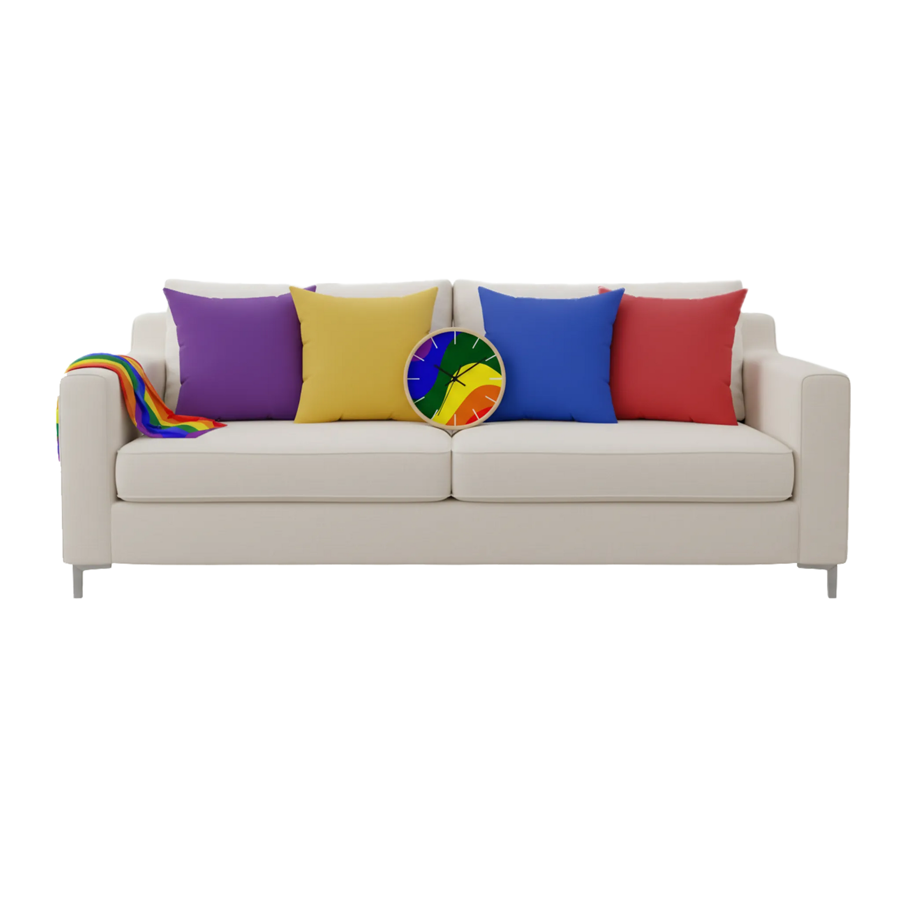 Beige sofa with colorful cushions on a white background.