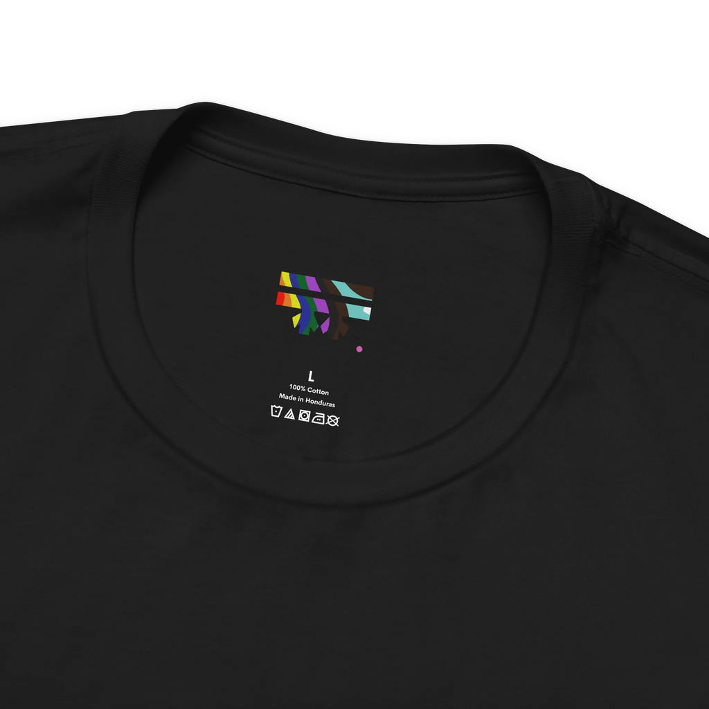 Pride Peace Symbol T-Shirt, black, pure cotton label, relaxed crew neck detail.