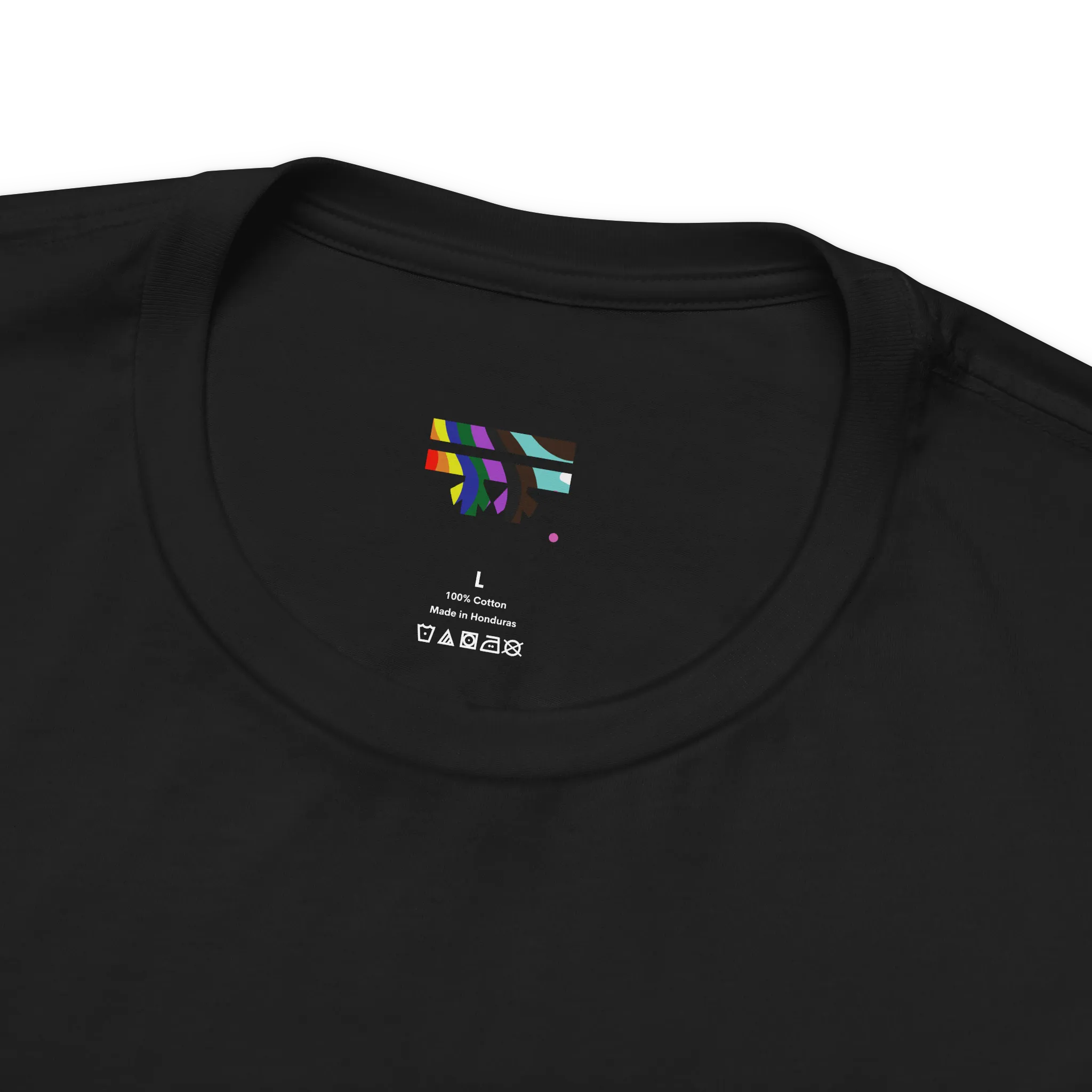 Pride Peace Symbol T-Shirt, black, pure cotton label, relaxed crew neck detail.