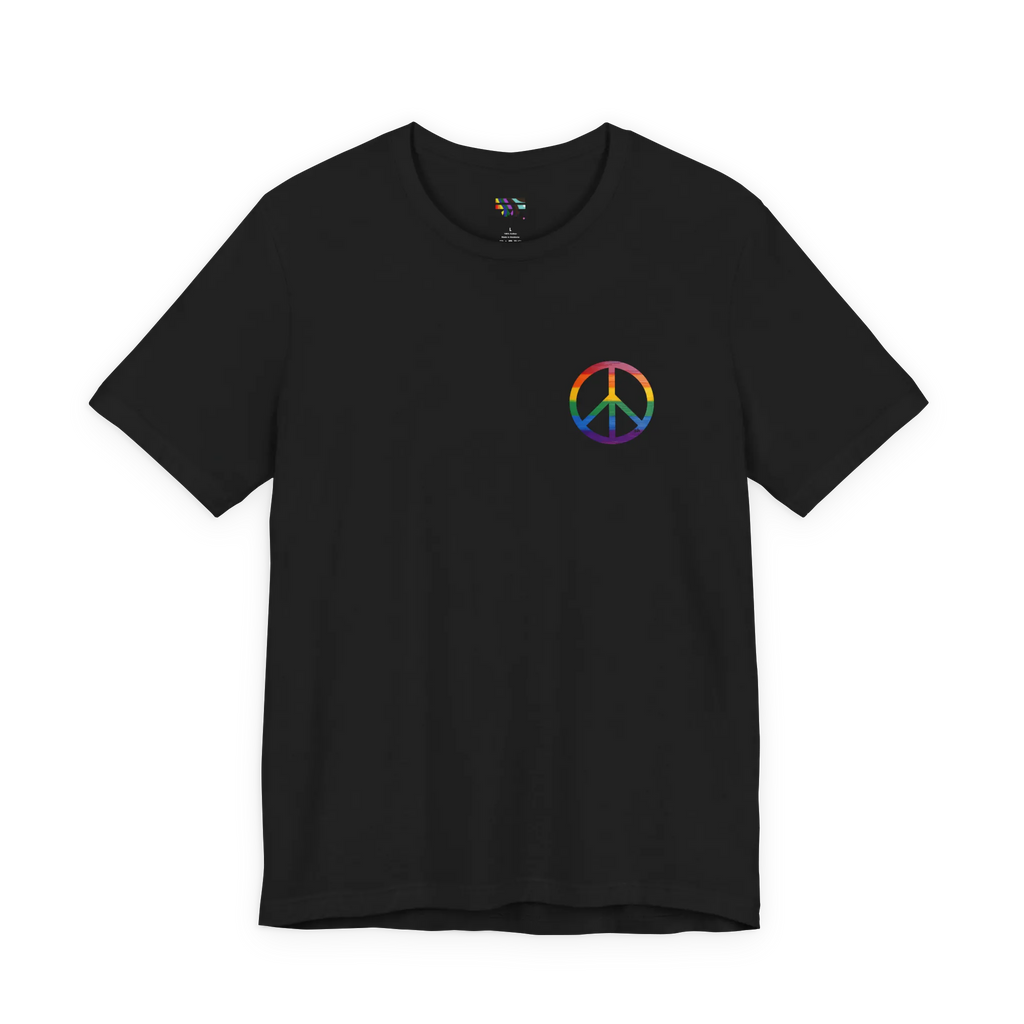 Pride Peace Symbol T-Shirt, black, rainbow peace symbol graphic, front view.