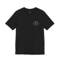 Pride Peace Symbol T-Shirt, black, rainbow peace symbol graphic, front view.