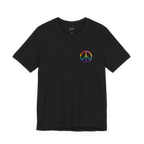 Pride Peace Symbol T-Shirt, black, rainbow peace symbol graphic, front view.