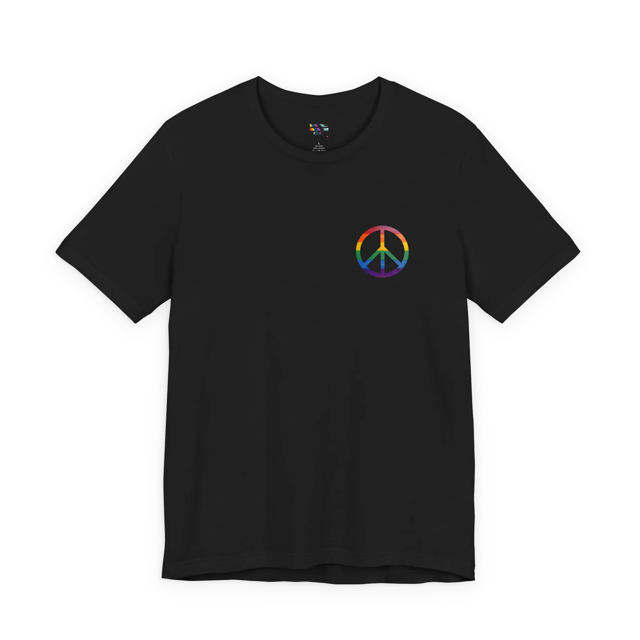 Pride Peace Symbol T-Shirt, black, rainbow peace symbol graphic, front view.