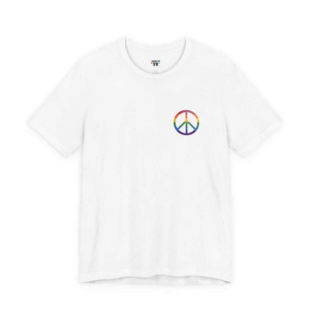 Pride Peace Symbol T-Shirt, white, rainbow peace symbol graphic, front view.