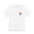 Pride Peace Symbol T-Shirt, white, rainbow peace symbol graphic, front view.