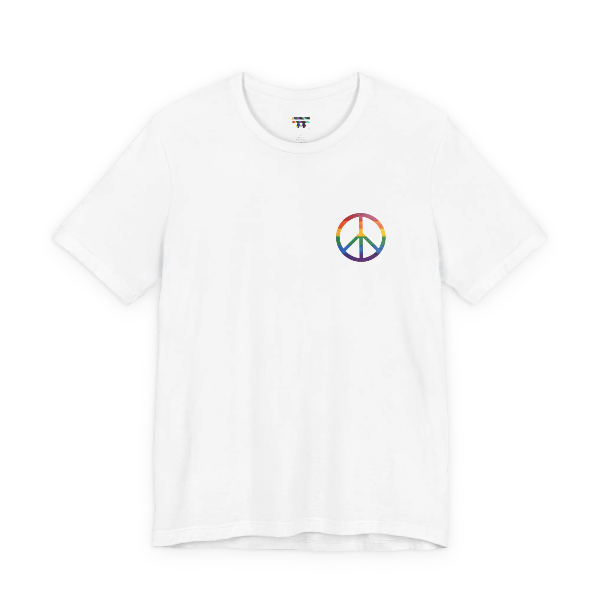 Pride Peace Symbol T-Shirt, white, rainbow peace symbol graphic, front view.
