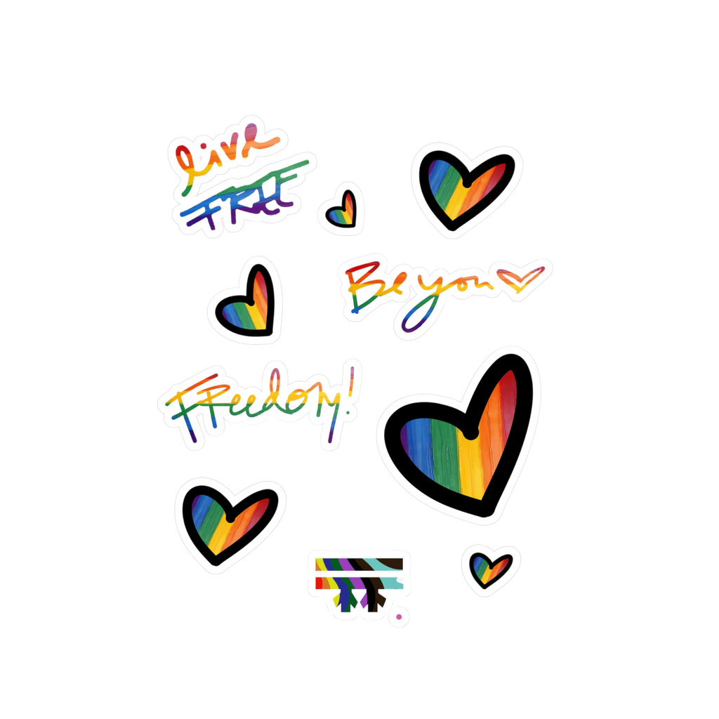 Pride Rainbow Vinyl Decal Set, kiss-cut sticker sheet, rainbow hearts and script.