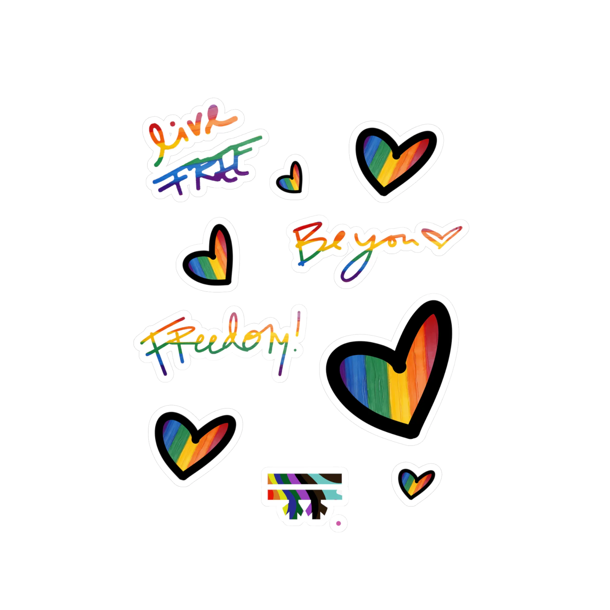 Pride Rainbow Vinyl Decal Set, kiss-cut sticker sheet, rainbow hearts and script, FREEBRD Pride Gear.