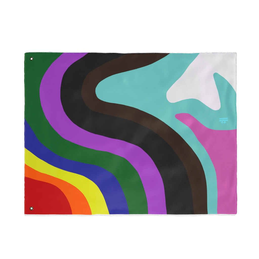 A flat front view of the Pride Rainbow Wave Flag showing the full abstract rainbow wave design with metal grommets on the left edge.