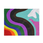 A flat front view of the Pride Rainbow Wave Flag showing the full abstract rainbow wave design with metal grommets on the left edge.