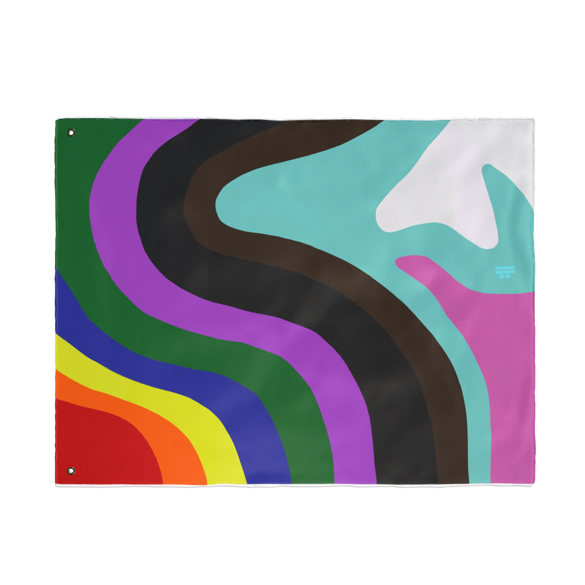 A flat front view of the Pride Rainbow Wave Flag showing the full abstract rainbow wave design with metal grommets on the left edge.