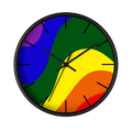 A front preview of the black, natural wood, matte black finish, black hand pride rainbow wave modern minimal silent wall clock with black time markers.