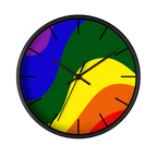 A front preview of the black, natural wood, matte black finish, black hand pride rainbow wave modern minimal silent wall clock with black time markers.