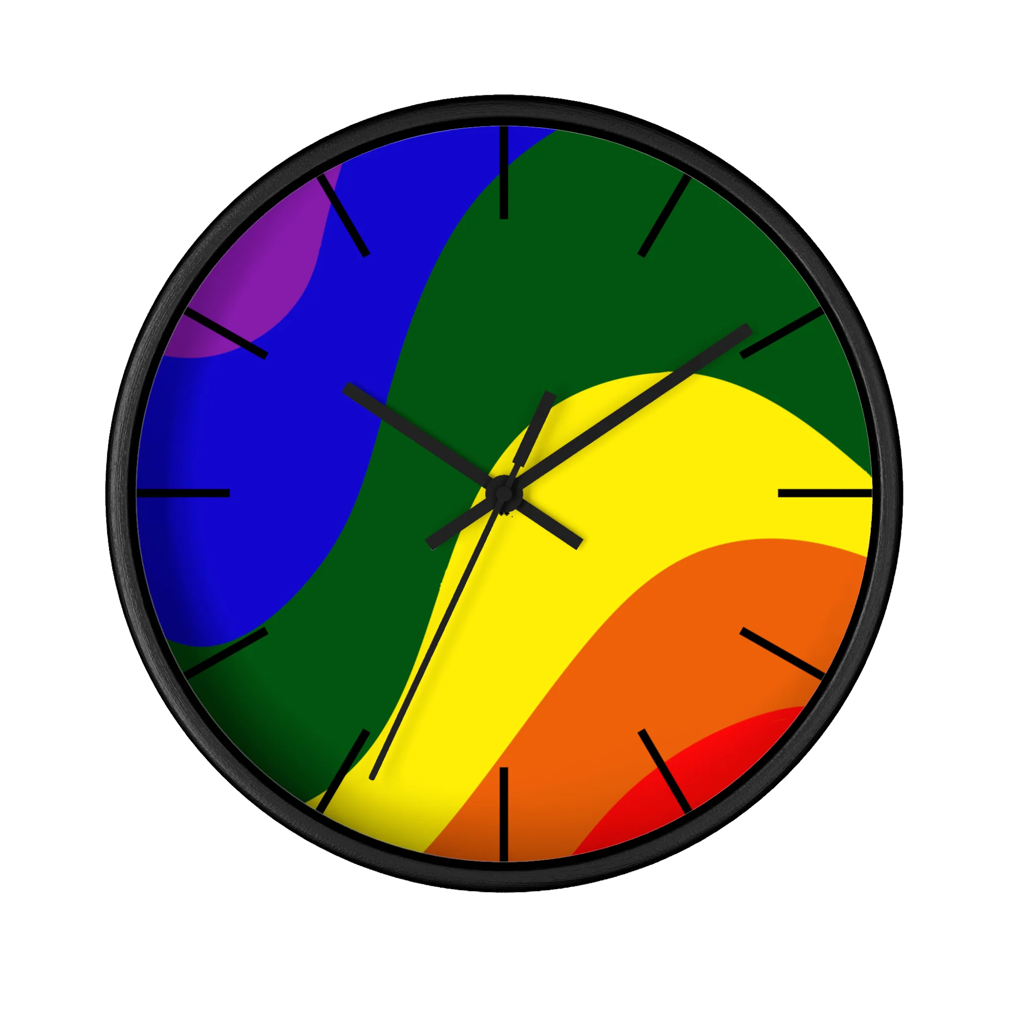 A front preview of the black, natural wood, matte black finish, black hand pride rainbow wave modern minimal silent wall clock with black time markers.