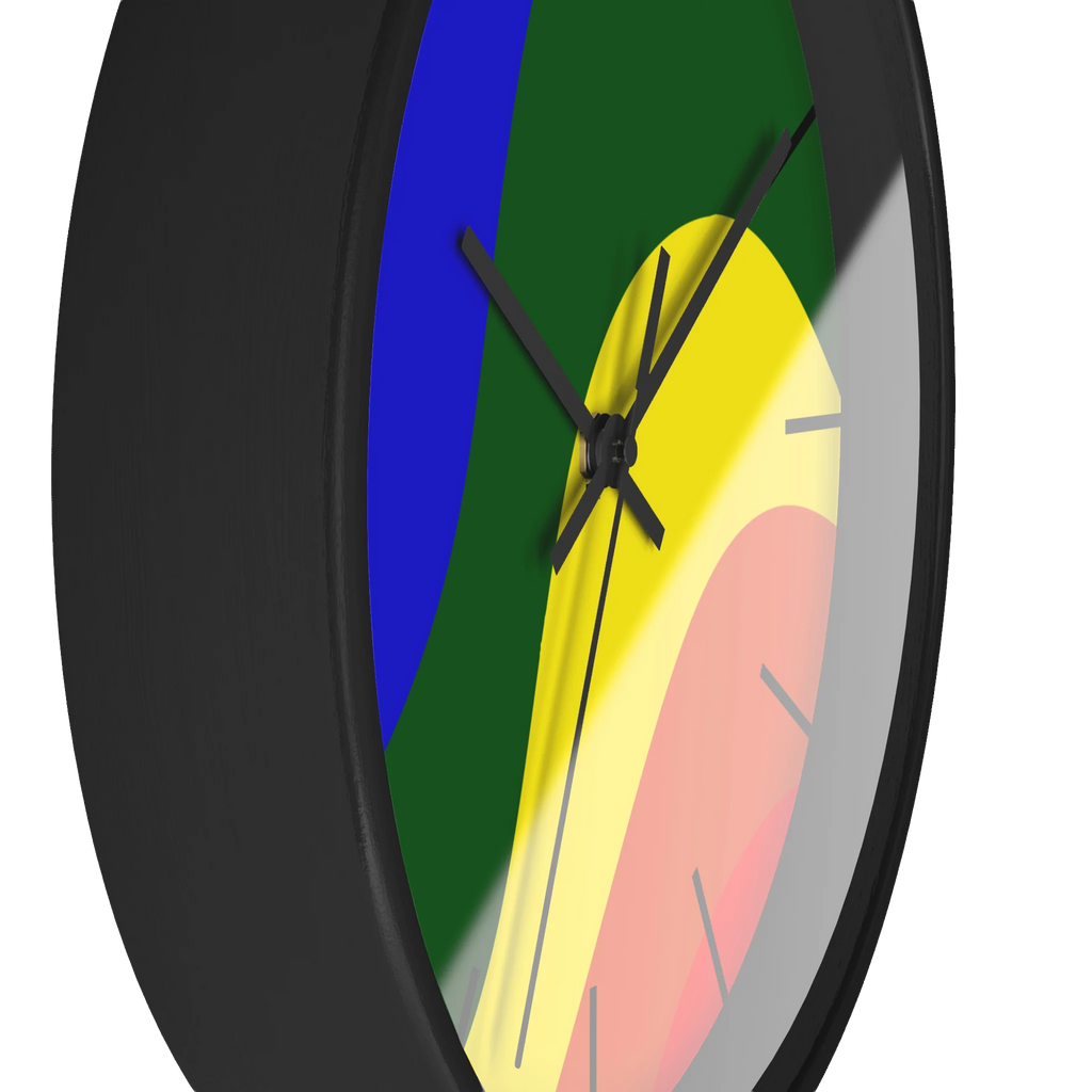 A side preview of the Pride Rainbow Wave Modern Minimal Silent Wall Clock with a natural wood, matte black finish, black hand wall clock with black time markers.