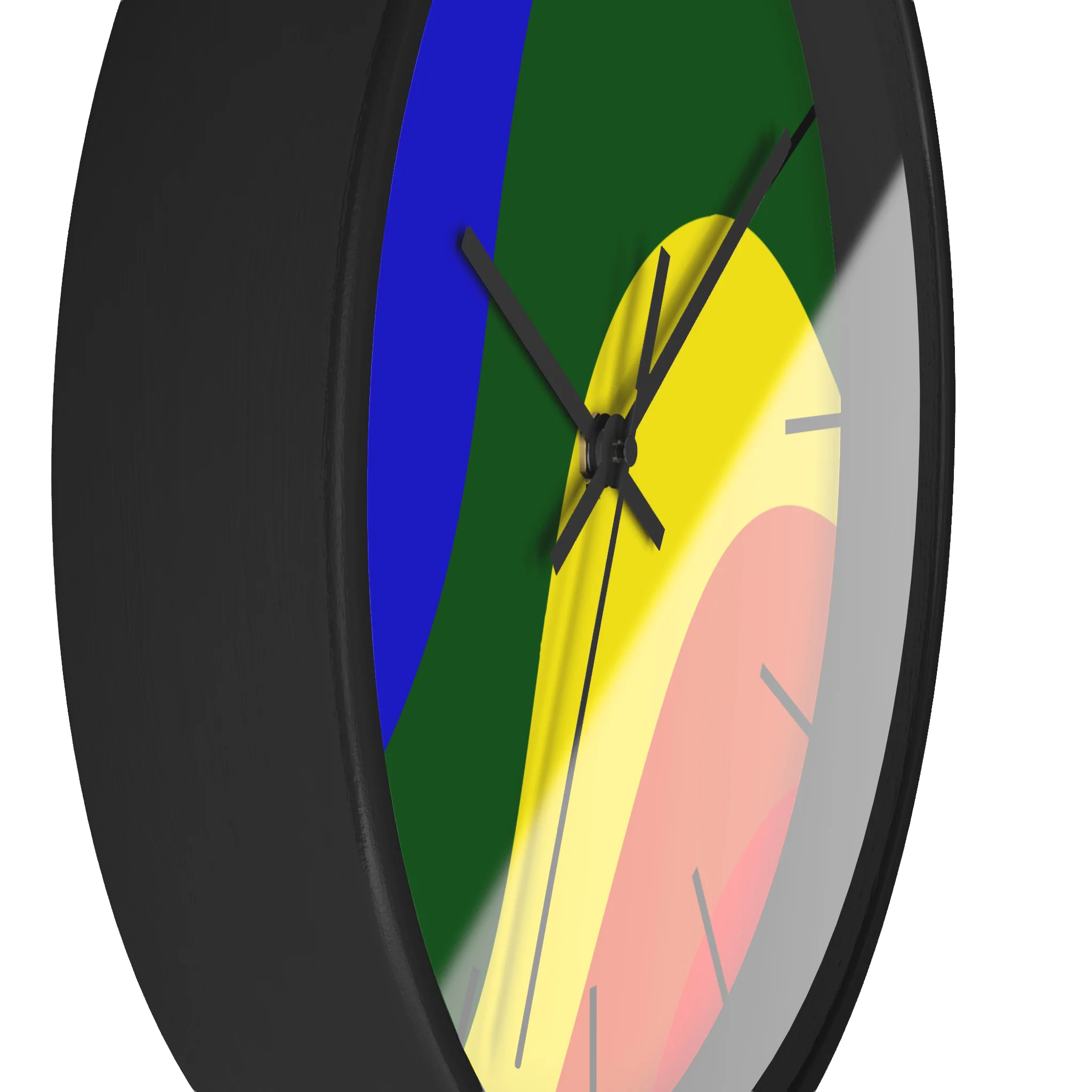 A side preview of the Pride Rainbow Wave Modern Minimal Silent Wall Clock with a natural wood, matte black finish, black hand wall clock with black time markers.