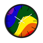 A front preview of the black, natural wood, matte black finish, white hand pride rainbow wave modern minimal silent wall clock with black time markers.