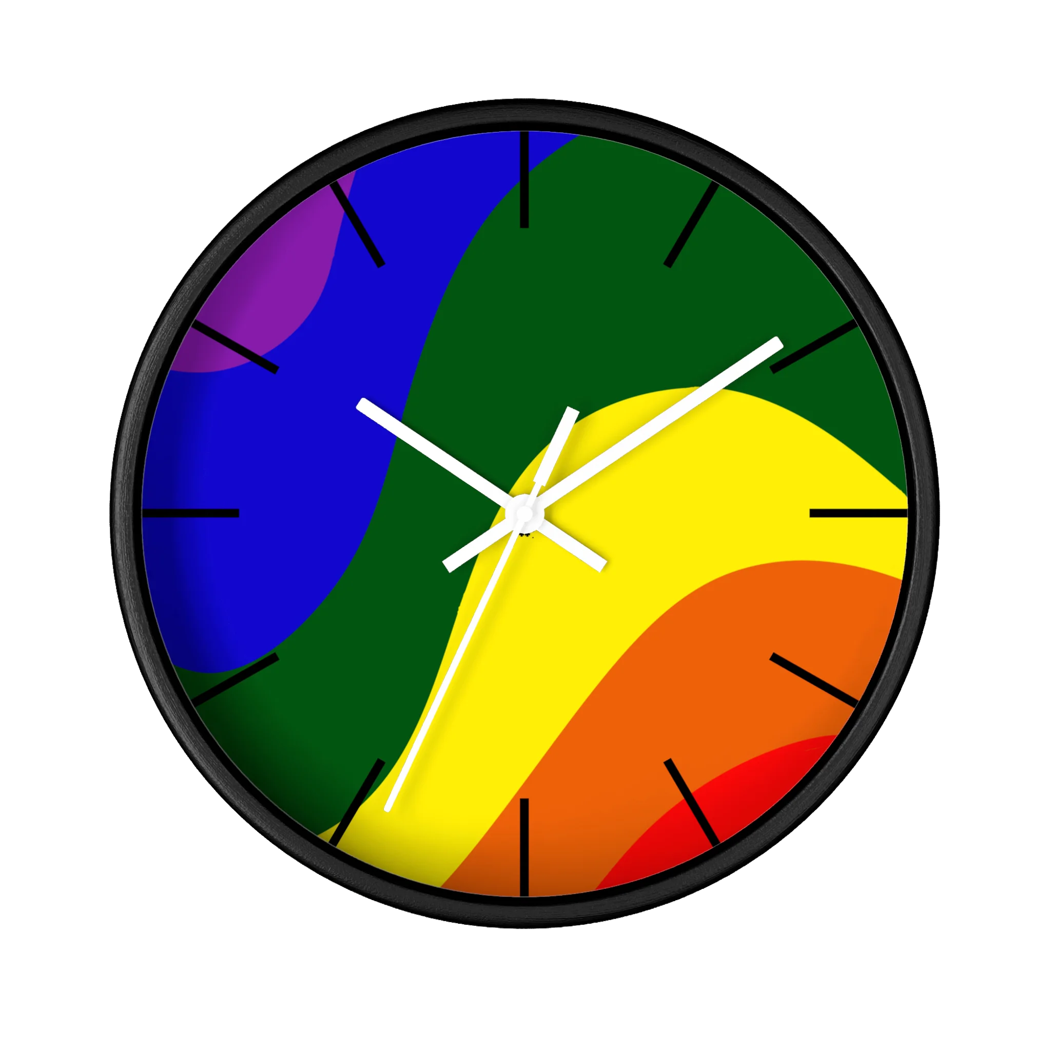 A front preview of the black, natural wood, matte black finish, white hand pride rainbow wave modern minimal silent wall clock with black time markers.