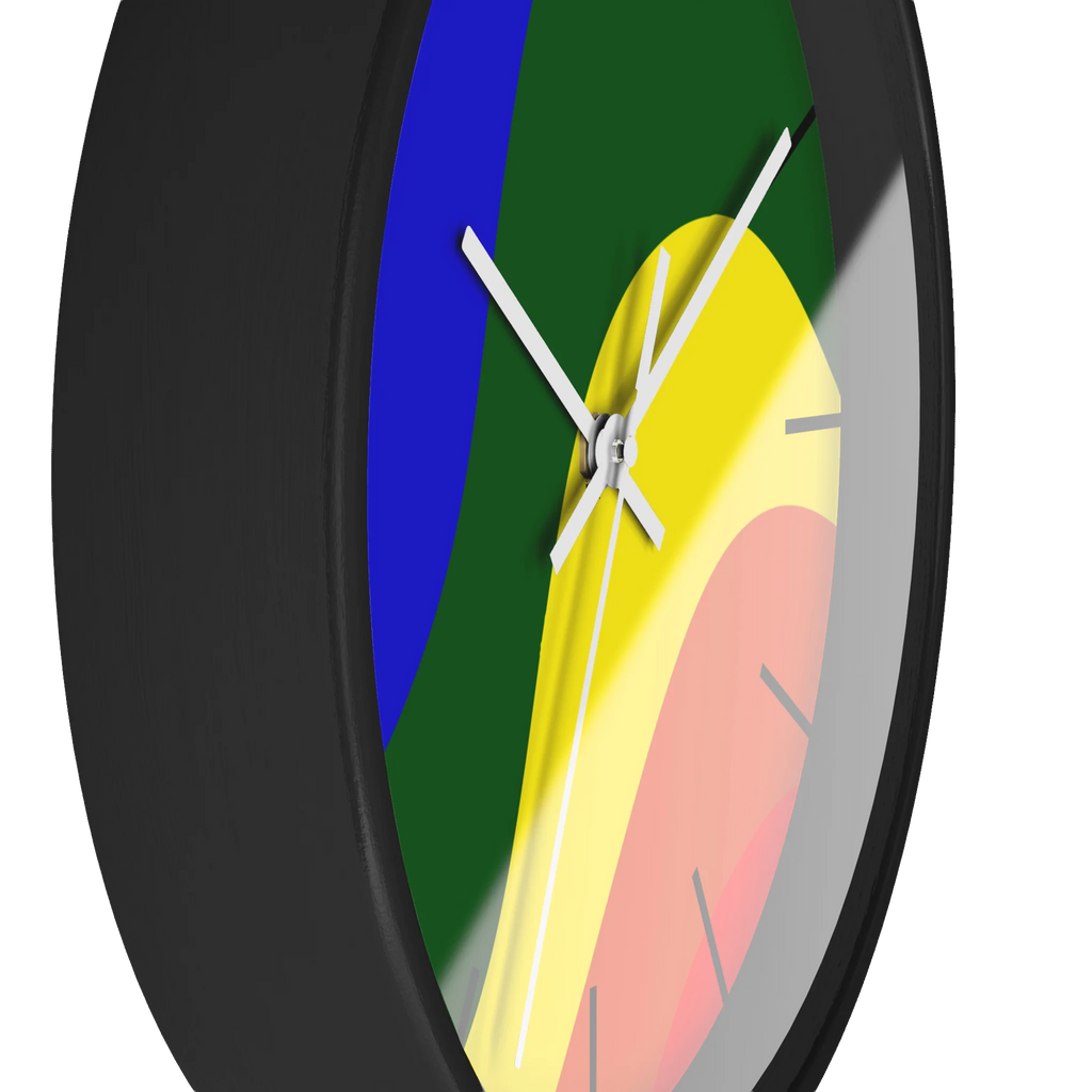 A side preview of the black, natural wood, matte black finish, white hand pride rainbow wave modern minimal silent wall clock with black time markers.