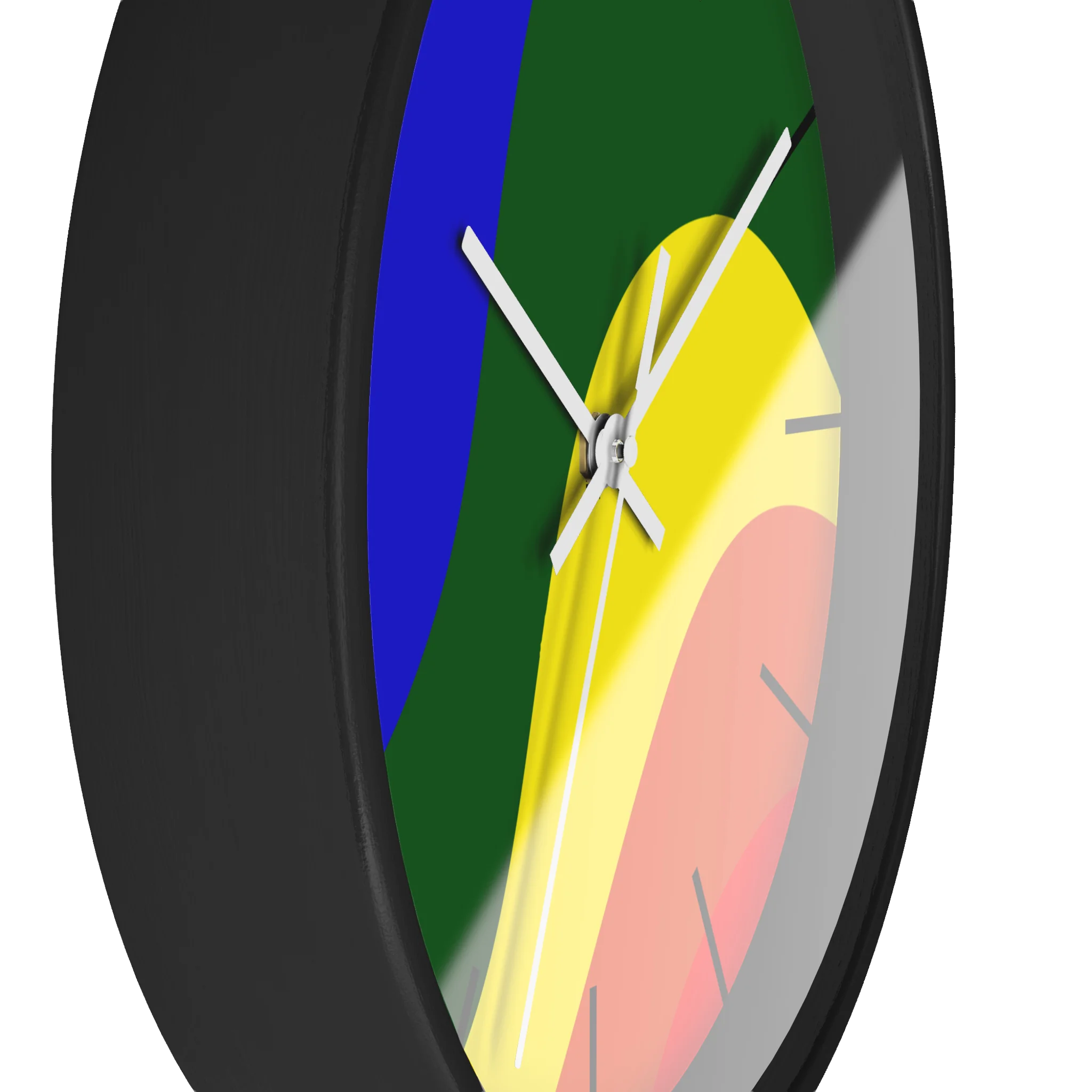 A side preview of the black, natural wood, matte black finish, white hand pride rainbow wave modern minimal silent wall clock with black time markers.