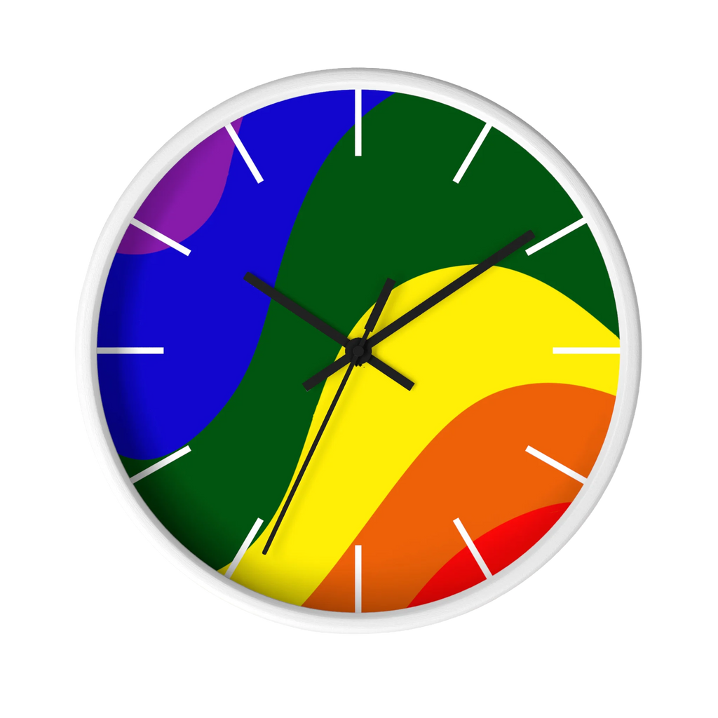A front preview of the white, natural wood, matte white finish, black hand pride rainbow wave modern minimal silent wall clock with white time markers.