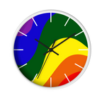A front preview of the white, natural wood, matte white finish, black hand pride rainbow wave modern minimal silent wall clock with white time markers.