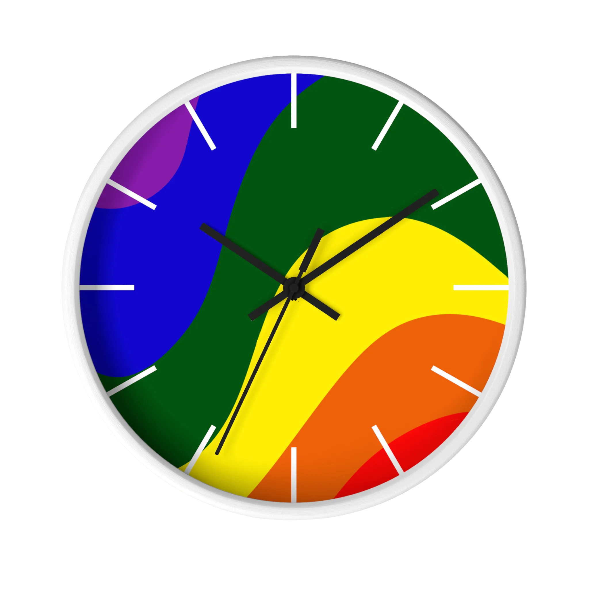 A front preview of the white, natural wood, matte white finish, black hand pride rainbow wave modern minimal silent wall clock with white time markers.