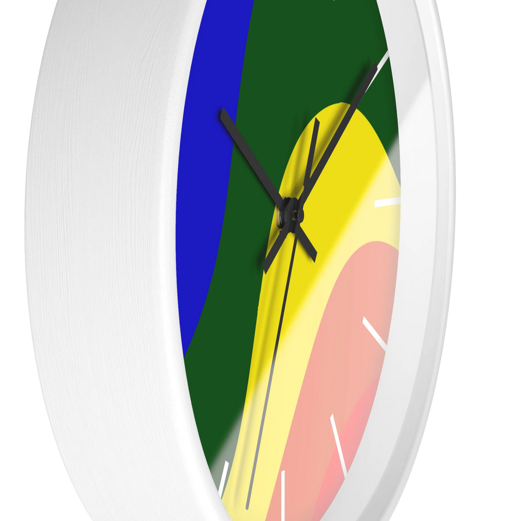 A side preview of the white, natural wood, matte white finish, black hand pride rainbow wave modern minimal silent wall clock with white time markers.