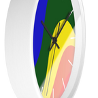A side preview of the white, natural wood, matte white finish, black hand pride rainbow wave modern minimal silent wall clock with white time markers.