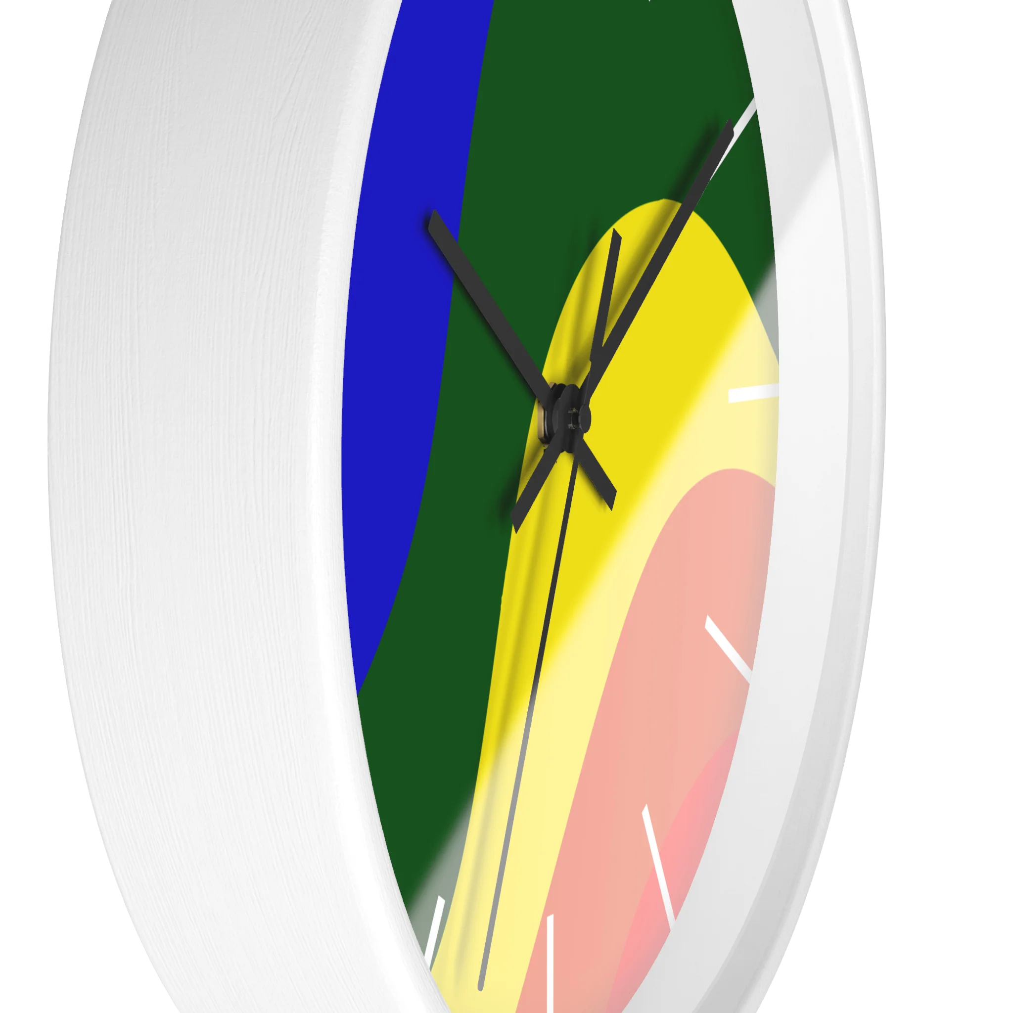 A side preview of the white, natural wood, matte white finish, black hand pride rainbow wave modern minimal silent wall clock with white time markers.