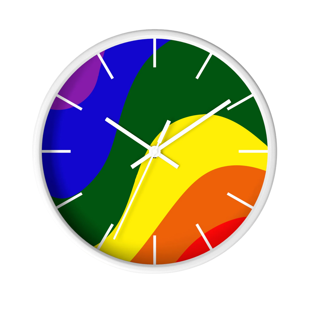 A front preview of the white, natural wood, matte white finish, white hand pride rainbow wave modern minimal silent wall clock with white time markers.