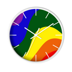 A front preview of the white, natural wood, matte white finish, white hand pride rainbow wave modern minimal silent wall clock with white time markers.