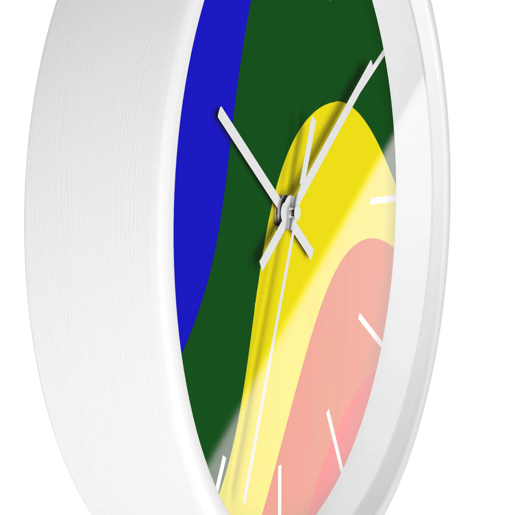 A side preview of the white, natural wood, matte white finish, white hand pride rainbow wave modern minimal silent wall clock with white time markers.