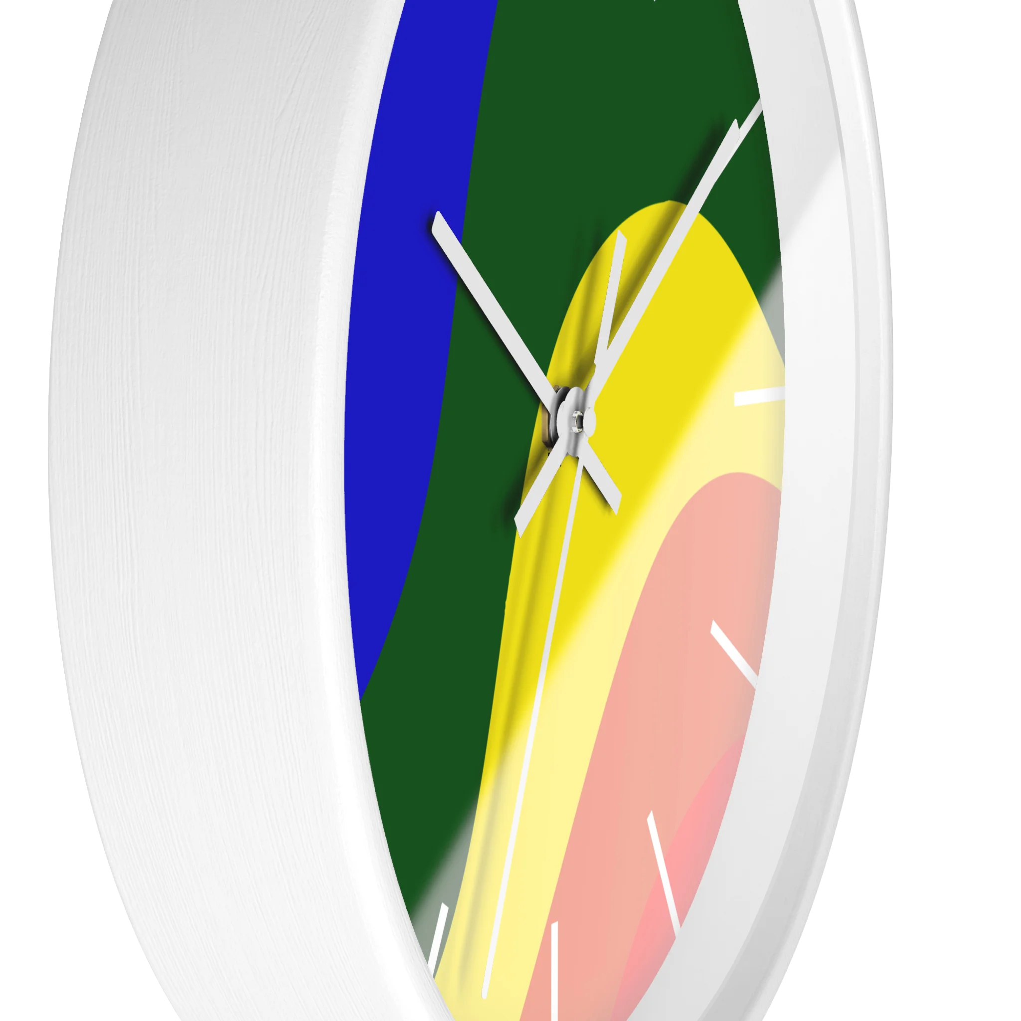 A side preview of the white, natural wood, matte white finish, white hand pride rainbow wave modern minimal silent wall clock with white time markers.