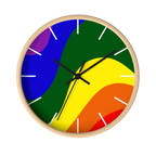 A front preview of the natural wood, natural/unfinished look, black hand pride rainbow wave modern minimal silent wall clock with white time markers.