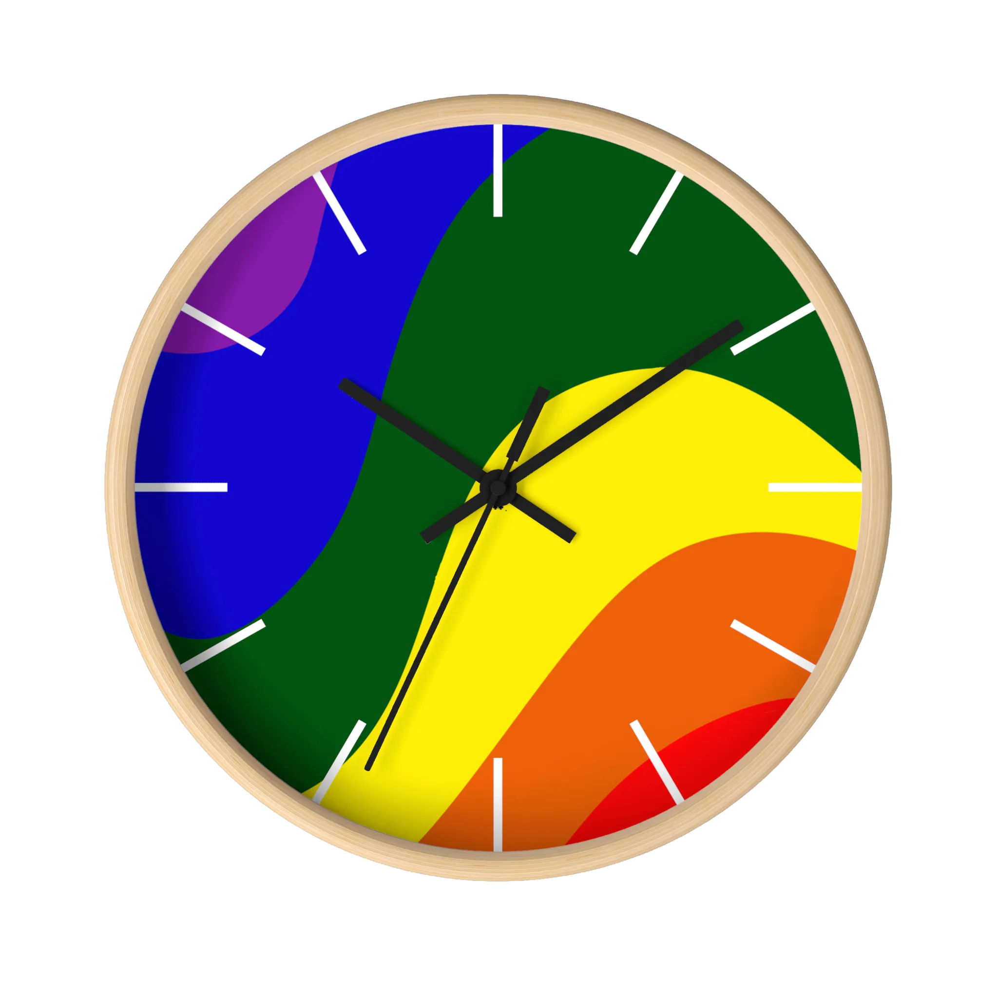 A front preview of the natural wood, natural/unfinished look, black hand pride rainbow wave modern minimal silent wall clock with white time markers.