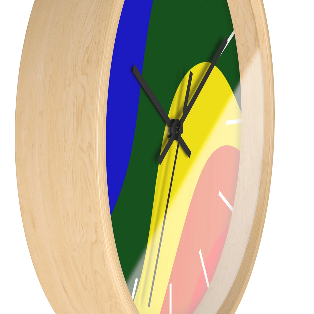 A side preview of the natural wood, natural/unfinished look, black hand pride rainbow wave modern minimal silent wall clock with white time markers.