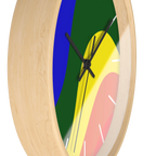 A side preview of the natural wood, natural/unfinished look, black hand pride rainbow wave modern minimal silent wall clock with white time markers.