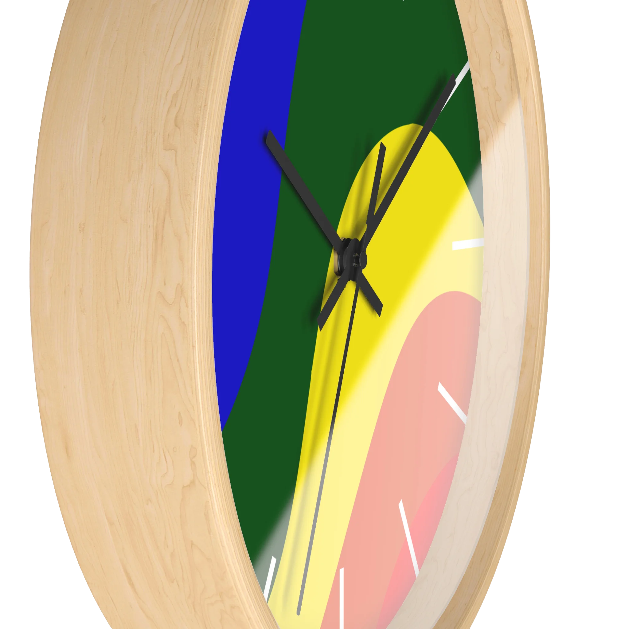 A side preview of the natural wood, natural/unfinished look, black hand pride rainbow wave modern minimal silent wall clock with white time markers.