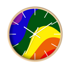 A front preview of the natural wood, natural/unfinished look, white hand pride rainbow wave modern minimal silent wall clock with white time markers.