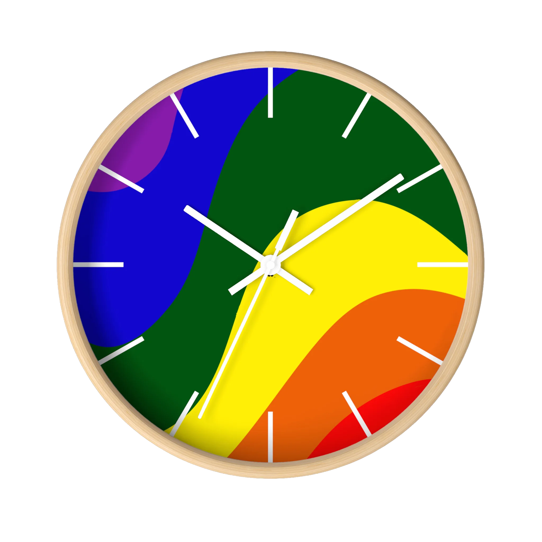 A front preview of the natural wood, natural/unfinished look, white hand pride rainbow wave modern minimal silent wall clock with white time markers.